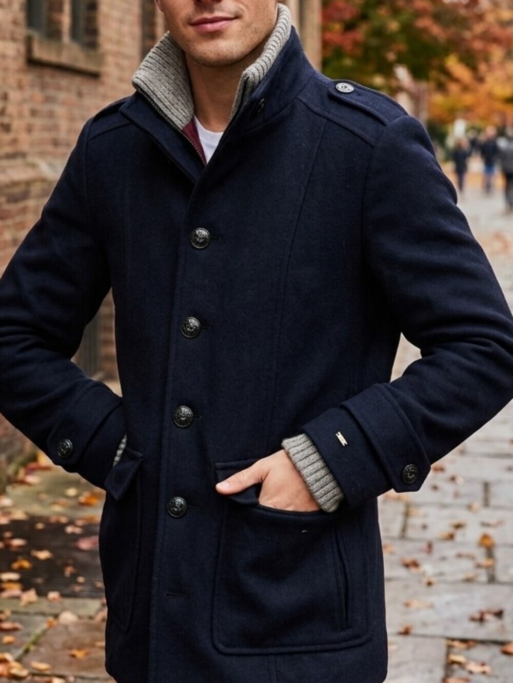 Tommy Hilfiger Ribbed Collar Wool-Blend Peacoat / Mid-Length Jacket